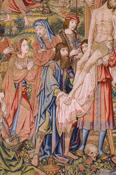 Tapices flamencos. Serie La pasión de Cristo: Descenso de la cruz (Kruisafneming, Descendimiento de la cruz). Fabricación Pieter van Aelst. Dibujante Jan van Roome. Hacia 1507-1520. Detalle. de Jan van Roome