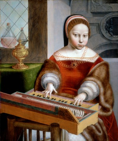 Joven Mujer Tocando un Clavicordio de Jan van Sanders workshop of Hemessen