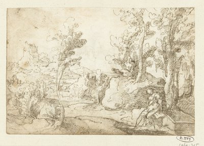 Paisaje con una figura sentada cerca de un pozo de Jan van Scorel (attributed to)