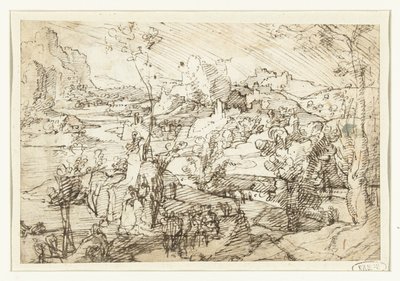 Paisaje con rocas, figuras y un barco de vela de Jan van Scorel (attributed to)