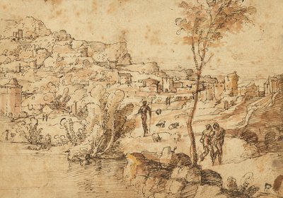 Paisaje con pastores junto a un río y una ciudad más allá (anverso); Estudios de figuras y ruinas romanas (reverso) de Jan van Scorel