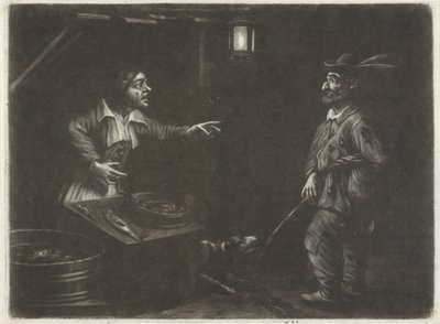 Vista nocturna con vendedor de pescado y hombre orinando de Jan van Somer