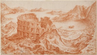 Vista del anfiteatro romano de Pozzuoli con la bahía de Nápoles al fondo (tiza roja sobre papel) de Jan van Stinemolen