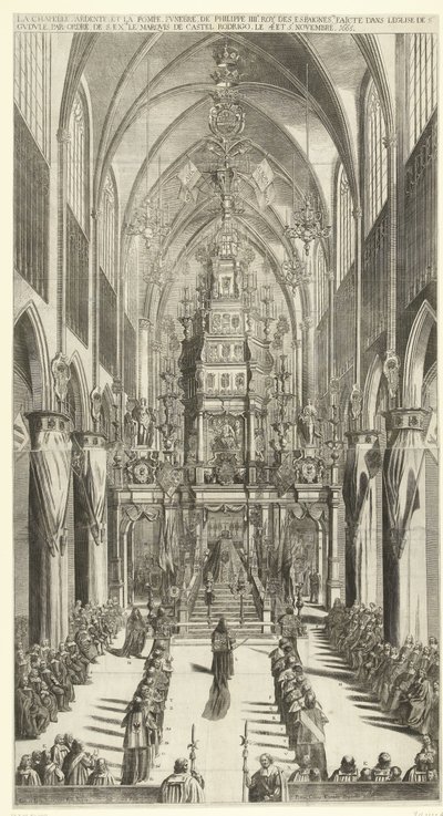 Lijkdienst voor Filips IV te Brussel, 1665 La capilla ardiente y el cortejo fúnebre de Philippe IIIe roy des Espaignes realizado en la iglesia de Ste. Gudule en orden de s. exceso. el marqués de Castel Rodrigo el 4 y 5 de noviembre de 1665 (título sobre ob de Jan van Troyen