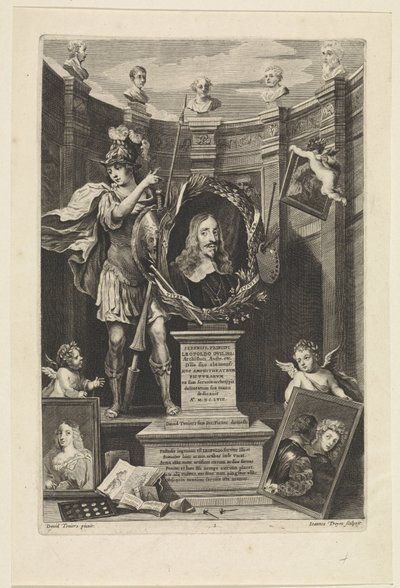 Retrato del archiduque Leopoldo Guillermo de Austria como coleccionista de arte Theatrum Pictorium (título de la serie) Página de título para: David Teniers, Theatrum Pictorium, 1658 de Jan van Troyen