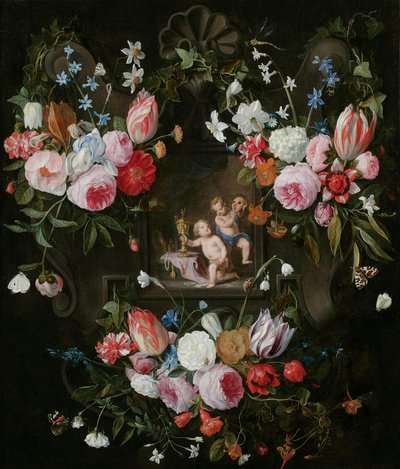 Naturaleza Muerta de Flores Alrededor de una Imagen Alegórica de Putti con Objetos Costosos y una Máscara, 1648 de Jan van and Balen, Hendrik van Kessel