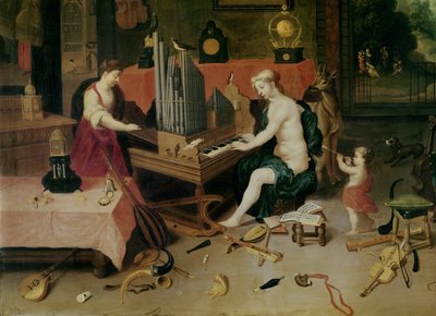 Alegoría del oído, detalle de un organista de Jan van and Balen, Hendrik van Kessel