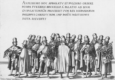 Grupo de trompetistas en el cortejo fúnebre del Emperador Carlos V, 1559 de Jan van and Doetechum Doetechum the elder