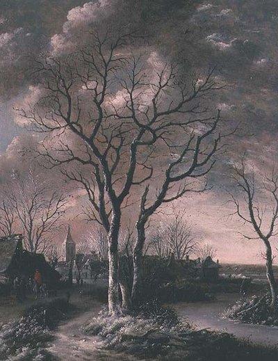 Paisaje de río congelado con viajeros en un camino de Jan van de Capelle or Cappelle