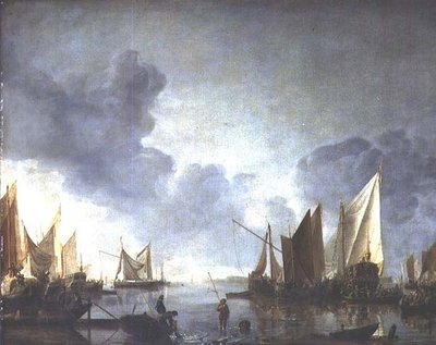 Una calma, con un dignatario anunciado en una barcaza estatal y pescadores en primer plano de Jan van de Capelle or Cappelle