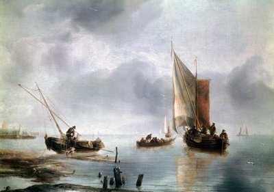 Un pequeño barco en vientos ligeros y otro encallado, ca 1650-1660, por Jan van de Cappelle, óleo sobre lienzo de Jan van de Capelle or Cappelle