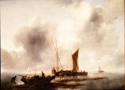 Pescadores descargando su captura en calma de Jan van de Capelle or Cappelle