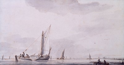 Pescadores y veleros en un estuario en calma (pluma, tinta y aguada) de Jan van de Capelle or Cappelle