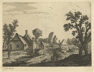 Vista del pueblo con mujer y niño en la calle del pueblo de Jan van de Cappelle (attributed to)