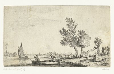 Paisaje fluvial con dos hombres en un bote de remos de Jan van de Cappelle (attributed to)