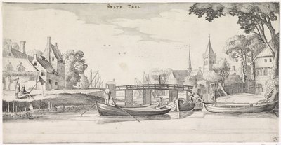 Barcos en un embarcadero en un pueblo Playsante paisajes y caras divertidas (título de la serie) de Jan van de Velde (II)