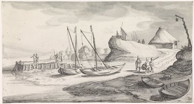 Barcos en la orilla del río Playsante paisajes y caras divertidas (título de la serie) de Jan van de Velde (II)