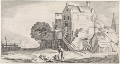 Tres figuras conversando en una posada Paisajes agradables y vistas divertidas (título de la serie) de Jan van de Velde (II)