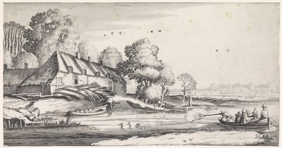 Caza de patos en un río cerca de una granja Playsante paisajes y caras divertidas (título de la serie) de Jan van de Velde (II)