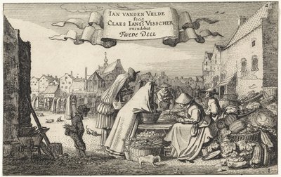 Cifras en un puesto de verduras en un mercado Paisajes (título de la serie) Amenissimae aliquot requculae (título de la serie) de Jan van de Velde (II)