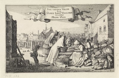 Cifras en un puesto de verduras en un mercado Paisajes (título de la serie) Amenissimae aliquot requculae (título de la serie) de Jan van de Velde (II)