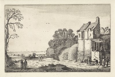 Cifras en una casa y vagones cubiertos en un camino rural Paisajes (título de la serie) Amenissimae aliquot requculae (título de la serie) de Jan van de Velde (II)