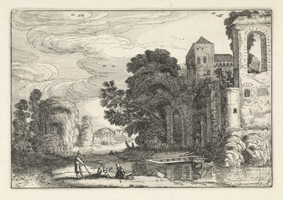 Figuras en un castillo junto a un río. Paisajes (título de la serie) Amenissimae aliquot requculae (título de la serie) de Jan van de Velde (II)