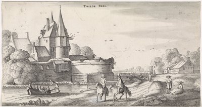 Figuras en un castillo en un paisaje fluvial Playsante paisajes y caras divertidas (título de la serie) de Jan van de Velde (II)