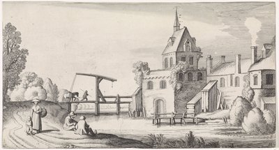 Figuras en un puente levadizo para un pueblo con una torre de iglesia Playsante paisajes y caras divertidas (título de la serie) de Jan van de Velde (II)
