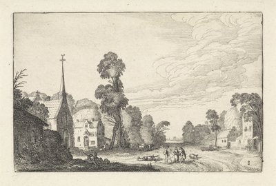 Figuras y ganado en un pueblo con iglesia Paisajes (título de la serie) Amenissimae aliquot requculae (título de la serie) de Jan van de Velde (II)