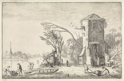 Figuras en un paisaje invernal con una torre. Paisajes (título de la serie) Amenissimae aliquot requculae (título de la serie) de Jan van de Velde (II)