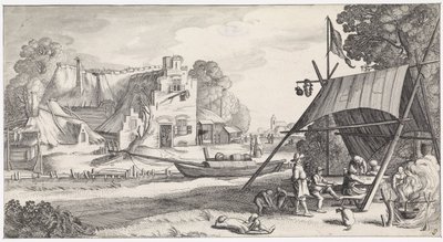 Cifras debajo de una tela de tienda en una posada Playsante paisajes y caras divertidas (título de la serie) de Jan van de Velde (II)