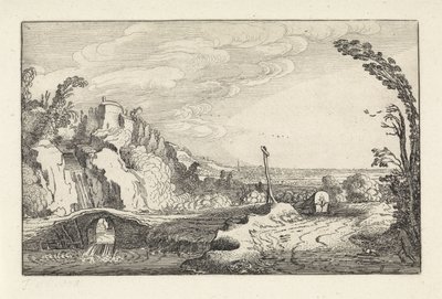 Carro cubierto en un camino en un paisaje montañoso del río Paisajes (título de la serie) Amenissimae aliquot requculae (título de la serie) de Jan van de Velde (II)
