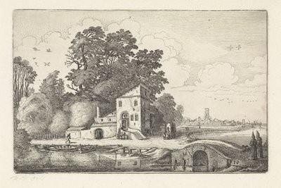 Casa junto a un puente de piedra en un paisaje fluvial Paisajes (título de la serie) Amenissimae aliquot requculae (título de la serie) de Jan van de Velde (II)