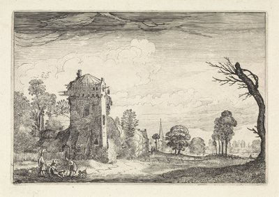 Cazadores con perros en una torre en un paisaje Paisajes (título de la serie) Amenissimae aliquot requculae (título de la serie) de Jan van de Velde (II)