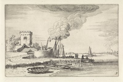 Paisaje con un faro en un puerto Paisajes (título de la serie) Amenissimae aliquot requculae (título de la serie) de Jan van de Velde (II)