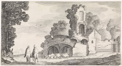 Paisaje con ruina y dos jinetes. Playsante paisajes y caras divertidas (título de la serie) de Jan van de Velde (II)