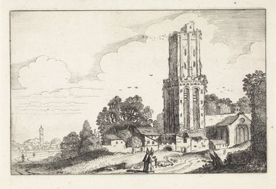 Paisaje con torre de iglesia en ruinas Paisajes (título de la serie) Amenissimae aliquot requculae (título de la serie) de Jan van de Velde (II)