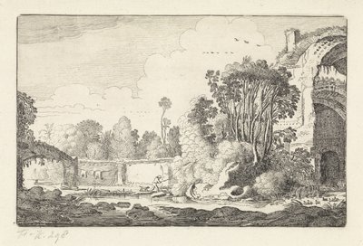 Hombre con un perro en una ruina Paisajes (título de la serie) Amenissimae aliquot requculae (título de la serie) de Jan van de Velde (II)