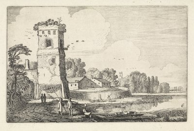 Pont con ovejas en una torre en un paisaje de río Paisajes (título de la serie) Amenissimae aliquot requculae (título de la serie) de Jan van de Velde (II)