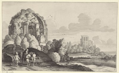 Viajeros en el Templo de Minerva Medica en Roma Paisajes después de Pieter de Molijn (título de la serie) de Jan van de Velde (II)