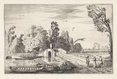 Paisaje de río con un puente de piedra. Paisajes (título de la serie) Amenissimae aliquot requculae (título de la serie) de Jan van de Velde (II)