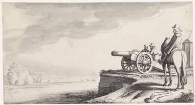 Jinete y dos soldados por un cañón en la orilla del río Playsante paisajes y caras divertidas (título de la serie) de Jan van de Velde (II)
