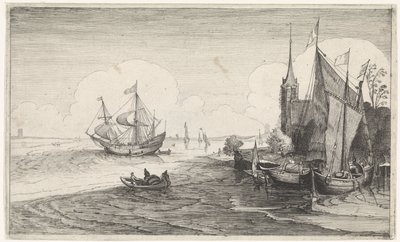 Barcos y costa cerca de una iglesia
Paisajes marinos (título de la serie) de Jan van de Velde (II)