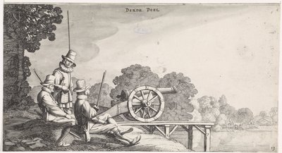 Soldados por un cañón en un embarcadero del río Playsante paisajes y caras divertidas (título de la serie) de Jan van de Velde (II)