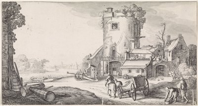 Soldados en una torre en un paisaje fluvial Playsante paisajes y caras divertidas (título de la serie) de Jan van de Velde (II)