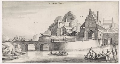 Puerta de la ciudad con puente sobre el agua Playsante paisajes y caras divertidas (título de la serie) de Jan van de Velde (II)
