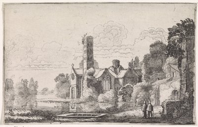 Dos monjes en una abadía en un paisaje fluvial Paisajes fluviales (título de la serie) de Jan van de Velde (II)