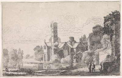 Dos monjes en una abadía en un paisaje fluvial Paisajes fluviales (título de la serie) de Jan van de Velde (II)