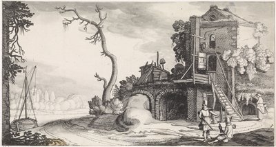 Dos cetreros cerca de una torre utilizada como posada Playsante paisajes y caras divertidas (título de la serie) de Jan van de Velde (II)